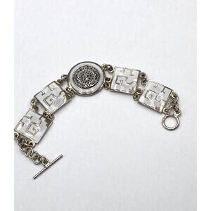 Alpaca Bracelet Mayan Calendar White Enamel Silver Tone 7” Linked